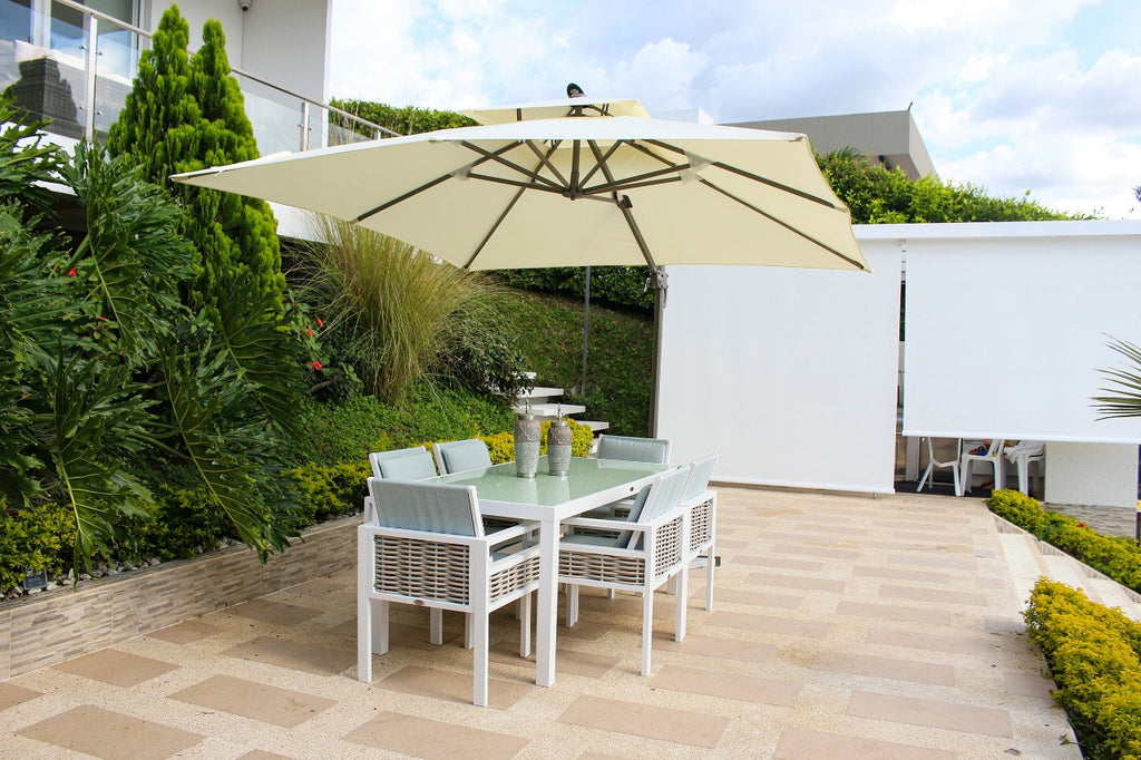 Mesa de Jardín Ibiza y sillas de jardín Ibiza, de aluminio y teka natural.